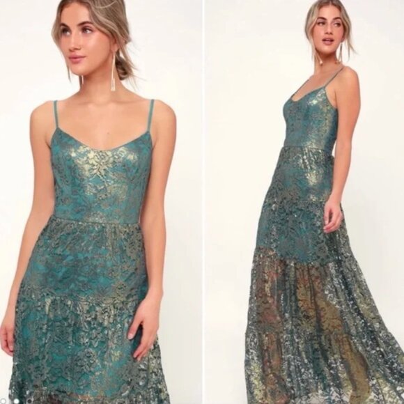 Antoinette Teal and Gold Metallic Lace Maxi Dress - Picture 2 of 8
